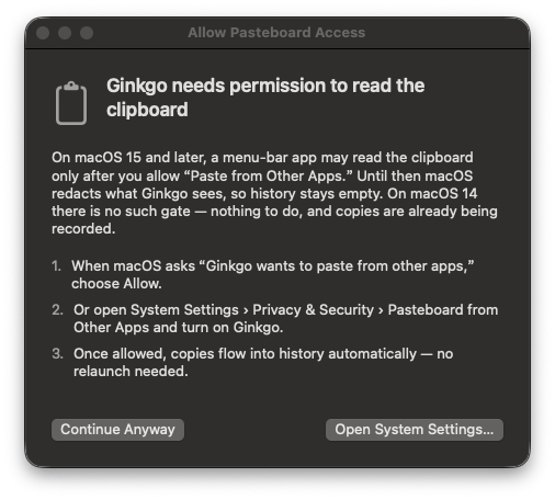 The pasteboard-access guidance window on first launch
